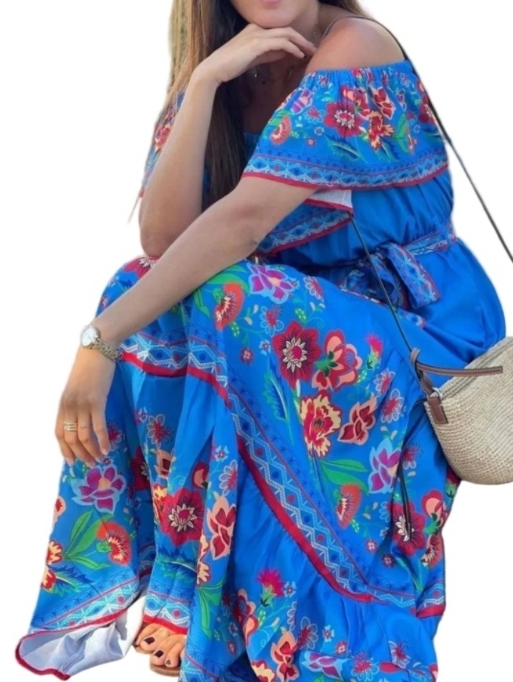 Floral Ruffle Off Shoulder Belted Elastic Waist Retro 70s Tiered Boho Maxi Dress - Picture 5 of 9